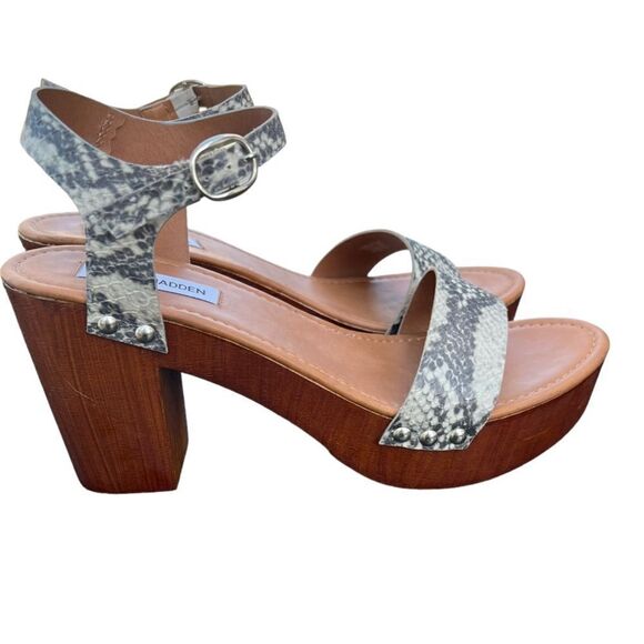 Steve Madden Luna Natural Snake Wooden Platform white Chunky Heel Sandals sz 10 - Picture 1 of 11